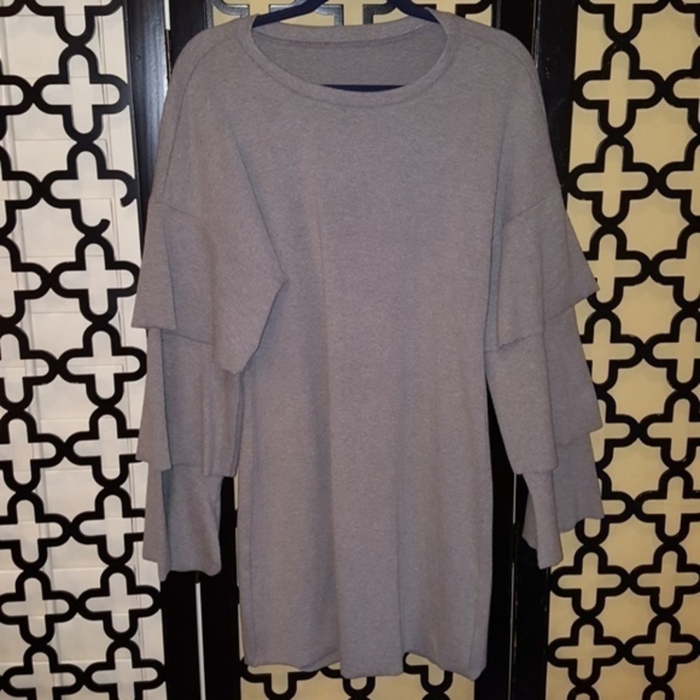 💜 GRAY LAYERED RUFFLE DRESS LONG  SLEEVE SUPER SOFT SWEATER‎ DRESS - Picture 7 of 8